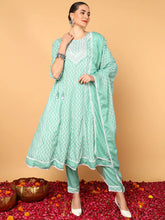 Women Sea Green Viscose Rayon Ethnic Motifs Printed Flared Kurta Trouser With Dupatta